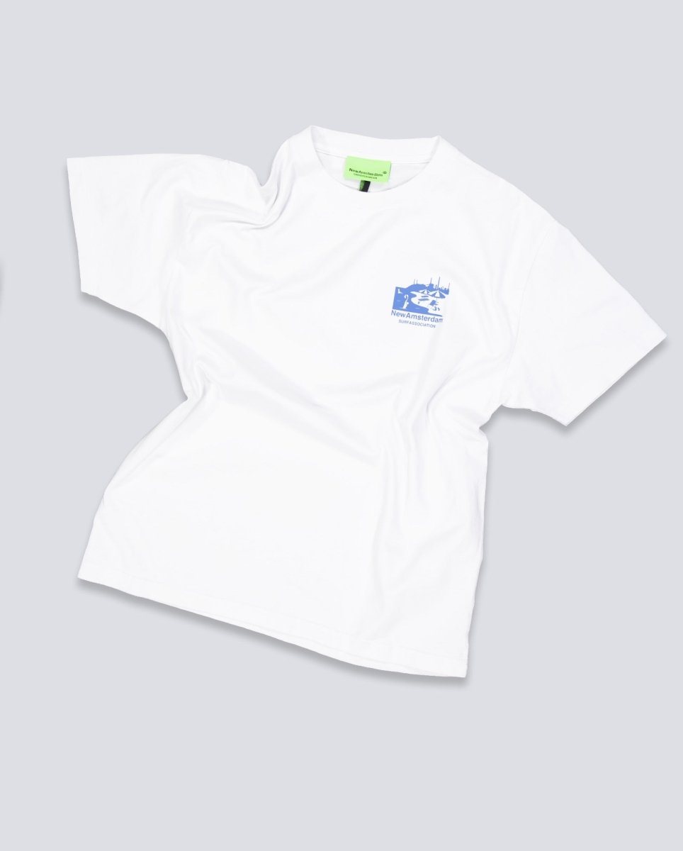 Camiseta New Amsterdam Beach Sign Tee Blanco y Azul Unisex