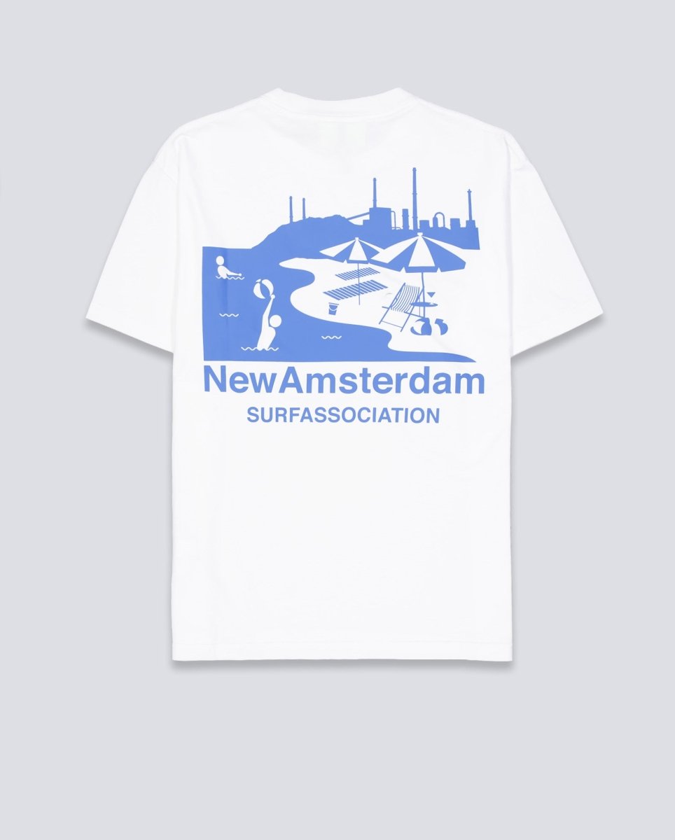 Camiseta New Amsterdam Beach Sign Tee Blanco y Azul Unisex