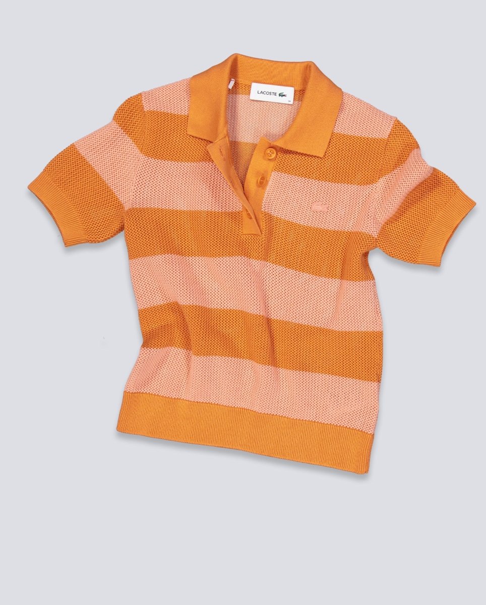 Polo De Punto Lacoste Rayas Naranja Mujer