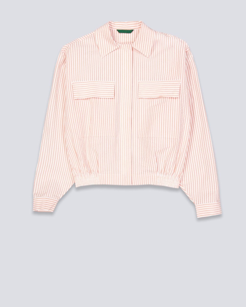 Chaqueta Lacoste de Seersucker de Rayas Blanco Rosa Mujer BF1036-RNI