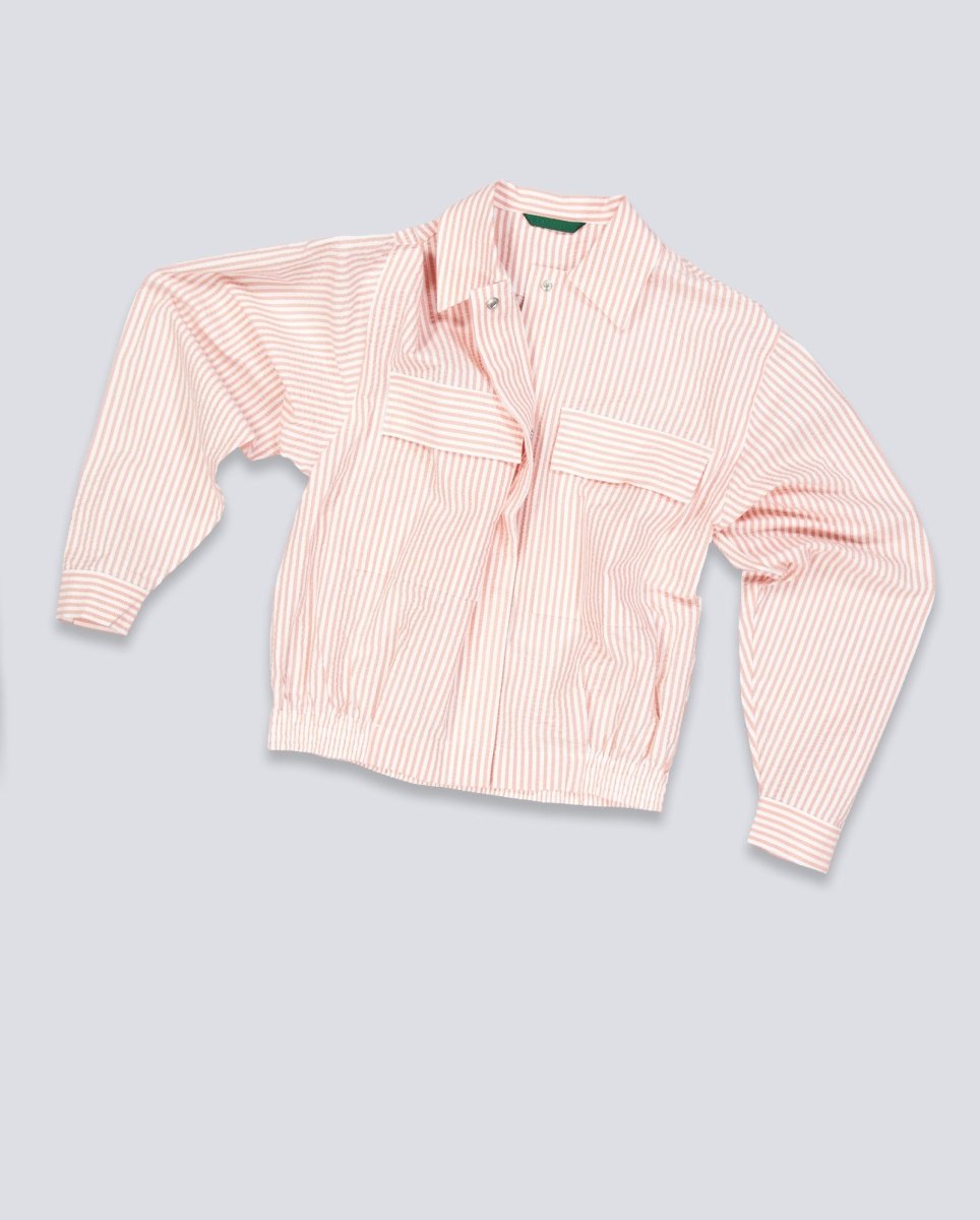 Chaqueta Lacoste de Seersucker de Rayas Blanco Rosa Mujer BF1036-RNI