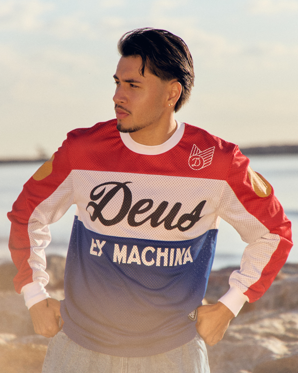 Camiseta Deus Saber Moto Jersey Blanca y Azul Hombre