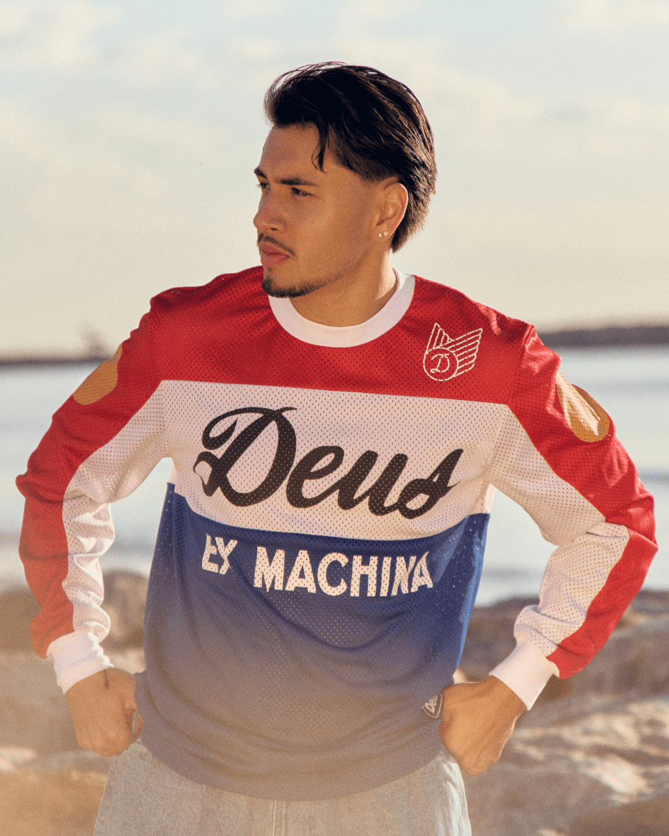Camiseta Deus Saber Moto Jersey Blanca y Azul Hombre