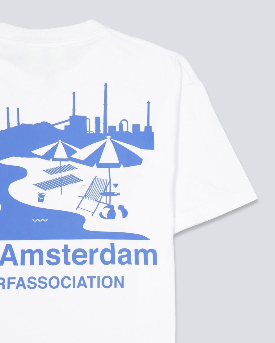 Camiseta New Amsterdam Beach Sign Tee Blanco y Azul Unisex