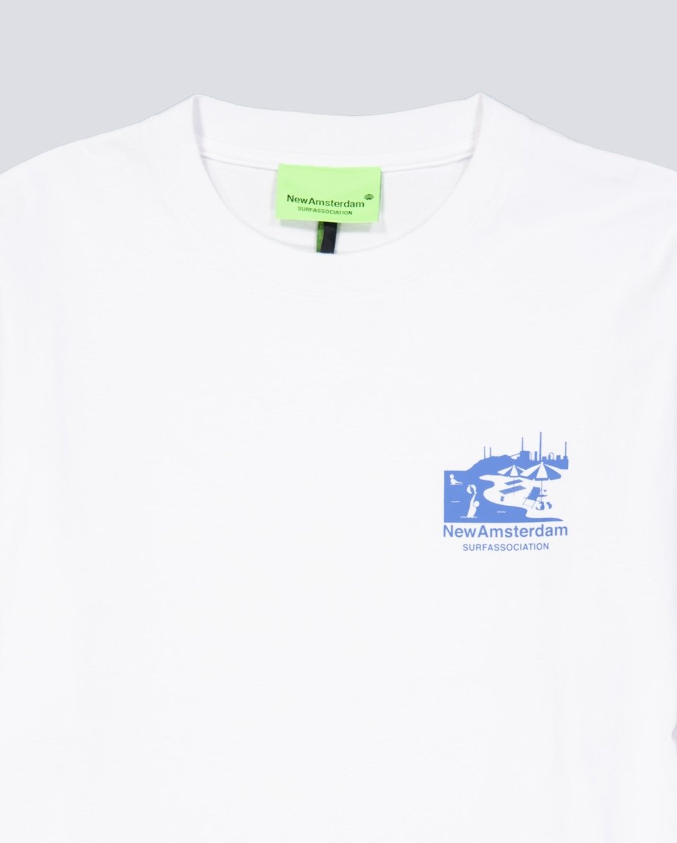 Camiseta New Amsterdam Beach Sign Tee Blanco y Azul Unisex