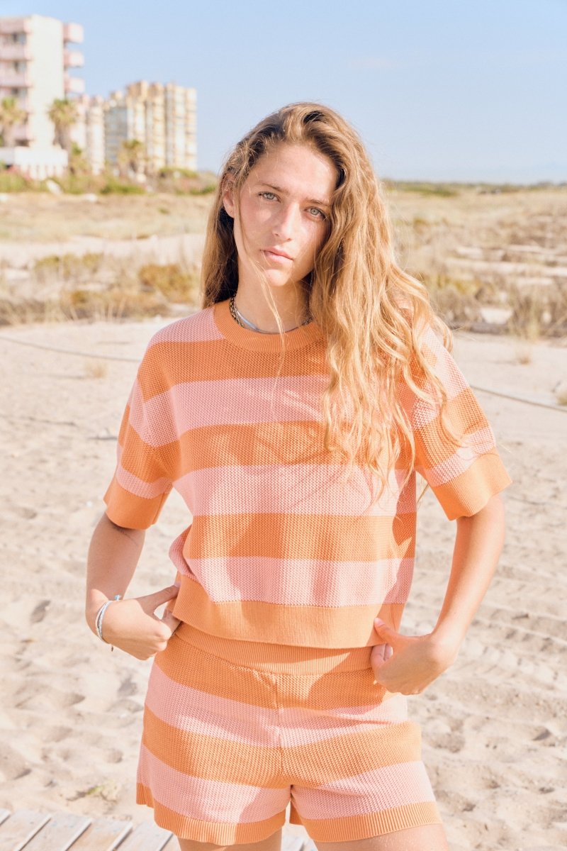 Pantalón Corto De Punto Lacoste Rayas Naranja Mujer